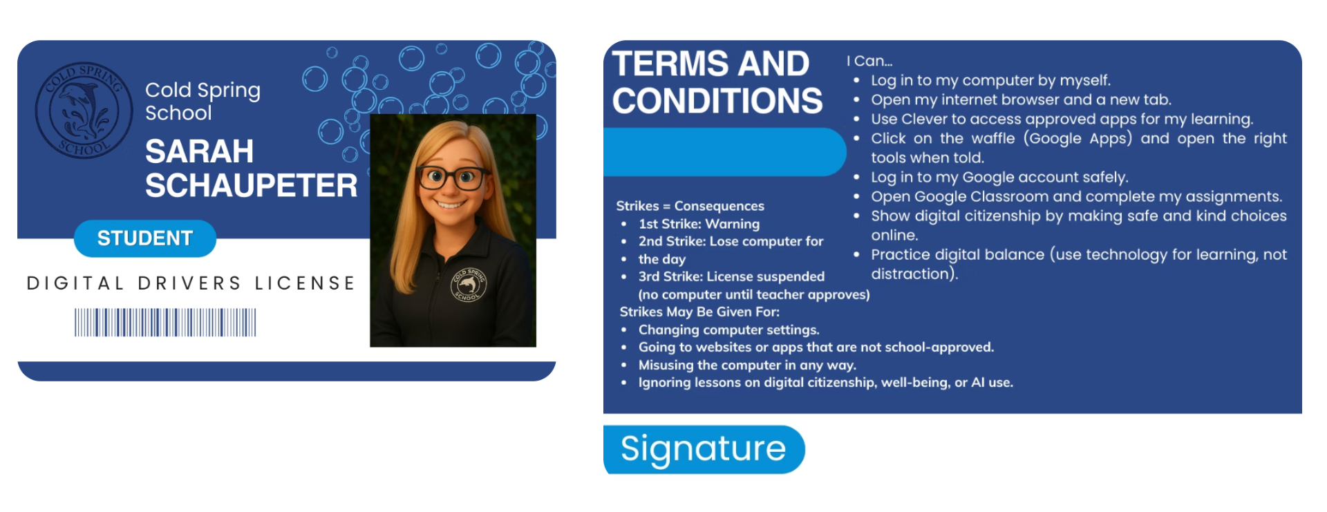 Cold Spring student Digital Driver's License card showing terms, conditions, and responsible technology use commitments